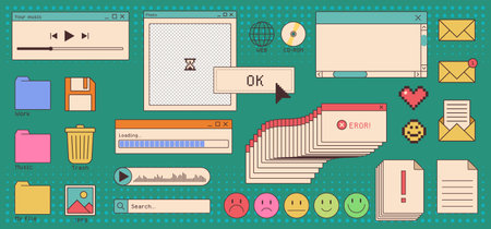 Vintage retro internet y2k interface with music player, folders and error windows on dotted bg. Nostalgic desktop elements with pixel emoticon, email icon and loading bars for millennium era aestheticのイラスト素材