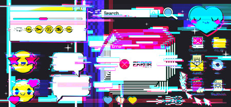 Retro internet y2k glitch interface elements with browser windows, error messages, emoticon icons and digital artifacts for web design. Nostalgic computer aesthetic with corrupted pixels, neon colorsのイラスト素材
