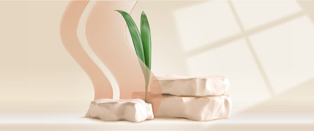 Stone podium display with geometric rock platforms and green plant leaf for product presentation. Minimalist beige background with elegant showcase environment. Modern natural marble pedestalsのイラスト素材