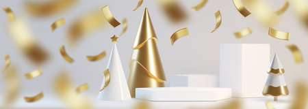 Luxury 3d cone Christmas tree display with falling golden confetti. White and gold trees with geometric podiums surrounded by metallic ribbon pieces for premium New Year holiday product showcase.のイラスト素材