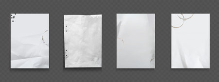 White paper sheets with coffee stains and fold marks - blank notebook page, wrinkled sheet texture, aged document background with creases. Office stationery set for presentation design templates.のイラスト素材