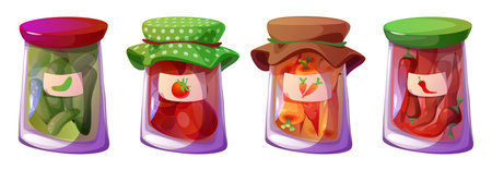 Home made preservation jars set - glass containers with pickled cucumbers, tomatoes, carrots and chili peppers. Colorful collection of canned vegetables with labeled lids and decorative fabric covers.のイラスト素材