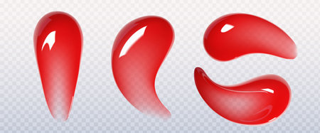 Vibrant red lip gloss swatch set - glossy smears with shiny texture, curved shapes of application strokes. Cosmetic beauty product samples for makeup testing, color selection and shade demonstrationのイラスト素材