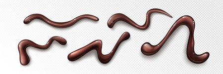 Glossy chocolate sauce drop patterns with flowing curves and wavy shapes on transparent bg for dessert decoration. Dark brown syrup drizzles in liquid lines for sweet toppings or confectionery designのイラスト素材