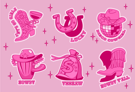 Pink disco cowgirl sticker set with horseshoe, hat on mirrorball, boot with cocktail glass and western shoes. Retro country theme for party decorations or scrapbooking. Sparkles in vibrant design.のイラスト素材