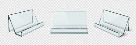 Card holder stand with transparent acrylic construction and stable base for business card or brochure display. desktop organizer design in different angles with slot opening and clear material finish.のイラスト素材