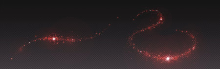Red sparkle trails with magic stardust and glowing particles for fantasy effects. Luminous swirls with bright stars and scattered dots on transparent bg. Mystical light paths for enchanted design.のイラスト素材