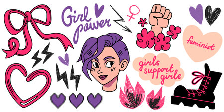 Empowering girly graphics with y2k sticker and doodle aesthetics for feminist messaging. Raised fist with flowers, ribbons and boot alongside face, hearts and lightning for activism or social mediaのイラスト素材
