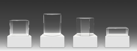 Glass box displays with museum pedestals for exhibitions and product showcases. Crystal clear cases on white bases with different shapes - cube and cylinder, hexagon and rectangle. gallery stands.のイラスト素材