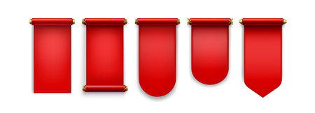 Chinese scroll paper set with red banners and decorative handles for royal announcements. Traditional blank parchments with rectangular, rounded and pointed edges. Ceremony templates for messagesのイラスト素材