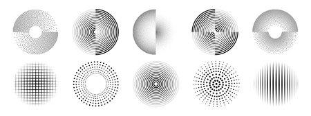 Ripple circles with dot pattern collection for graphic design - concentric rings, halftone gradients and grid textures. Modern geometric radiate elements for print or digital artwork backgrounds.のイラスト素材