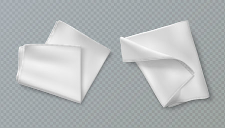 Towel handkerchief mockup with white folded fabric, realistic cloth wrinkles for hygiene products. Clean cotton napkins - bathroom or kitchen linens for branding or household item presentations.のイラスト素材