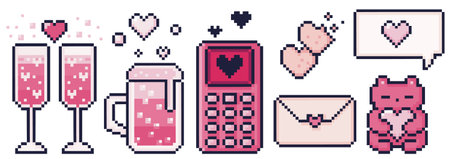 Pixel Valentine day retro set with champagne glasses, pink hearts and love phone for romantic game. 8 bit drink mug, envelope with speech bubble and cute teddy bear for dating app or February greetingのイラスト素材