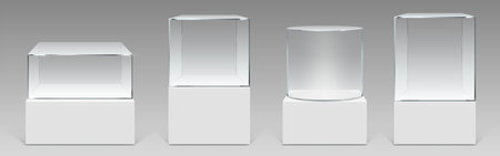 Glass box displays with museum pedestals for exhibitions and product showcases. Crystal clear cases on white bases with different shapes - cube and cylinder, rectangle gallery stands.のイラスト素材