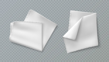 Towel handkerchief mockup with white folded fabric, realistic cloth wrinkles for hygiene products. Clean cotton napkins - bathroom or kitchen linens for branding or household item presentations.のイラスト素材