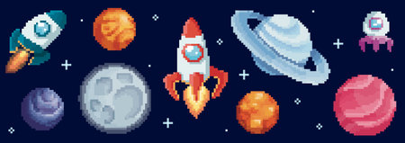 Pixel space planet set with rocket ship, moon and Saturn rings for cosmic adventure game. 8 bit UFO,...