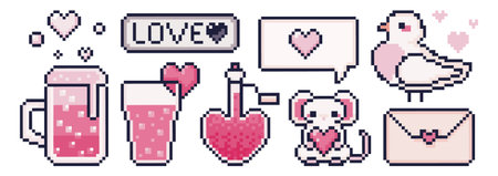 Pixel Valentine day retro sprites with love banner, pink drinks and speech bubble for romantic game....