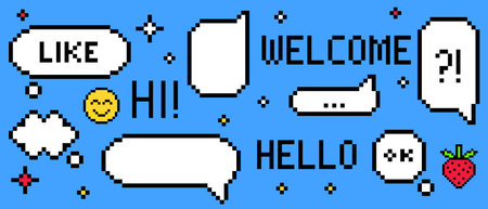 Pixel speech bubbles with y2k style elements - white chat boxes, text greetings, smiling emoticon and strawberry icon on bright blue bg. Retro digital communication interface for gaming or messaging.のイラスト素材