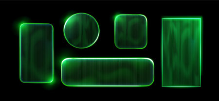 Futuristic interface elements with ribbed glass glossy neon borders for UI design - glowing green frames, circle and rectangle shapes with textured surface. Sci fi buttons and panels for game.のイラスト素材