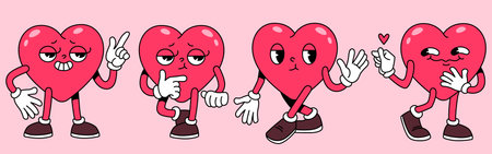 Cartoon groovy heart mascots with leg poses and retro expressions - pink characters with black shoes, white gloves and various gestures. Animated love symbols for Valentine card, sticker or emoticonのイラスト素材