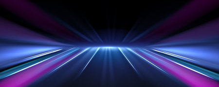 Speed light streak with blue and purple neon rays on dark background for futuristic motion effect....