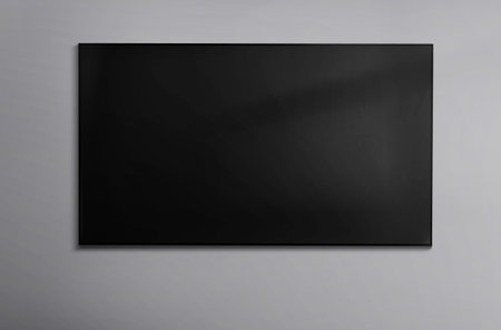 Screen tv mockup with black display mounted on gray wall for modern interior design and media...