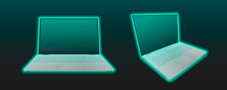 Laptop mockup with neon green glow effect and futuristic design for technology presentation. Silver notebook with luminous screen, keyboard and edges on dark background. Digital device template.のイラスト素材
