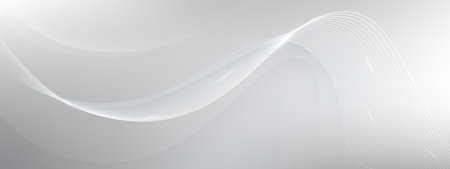 Future white wavy lines with smooth gradient on gray background for modern design or technology concepts. Elegant flowing curves with soft luminous effect. Minimalist abstract motion elements.のイラスト素材