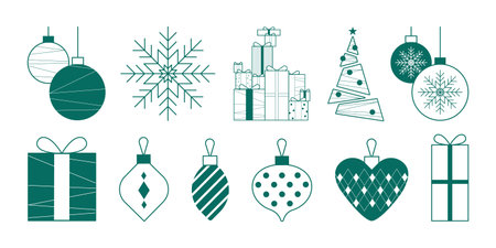 Minimalist Christmas card design with green snowflake patterns, ornaments and gift boxes for holiday greetings. Clean geometric baubles, presents and tree silhouette. Festive winter decoration set.のイラスト素材