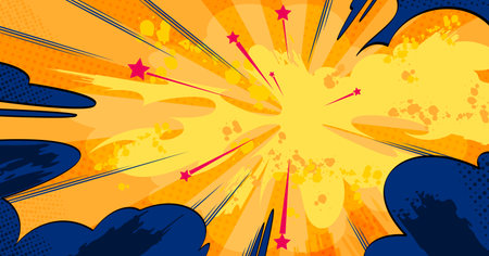 Anime comic burst explosion with radial speed lines and stars for manga action scenes or superhero...