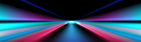 Abstract speed light streak with neon pink and blue trails on dark highway for futuristic motion...