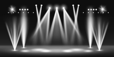 Stage with spotlight beam light - white rays on dark background for concert or theater performance. Bright illumination equipment and projectors with dramatic effect. Show lighting design elements.のイラスト素材