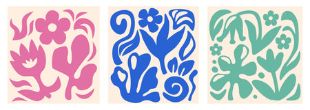 Boho organic cut compositions with pink, blue and green shapes for contemporary art - abstract flowers and spirals, leaves and botanical forms on cream background. Matisse inspired decorative panelsのイラスト素材