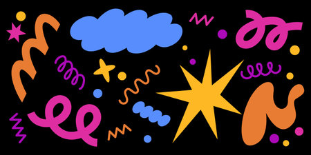 Abstract bright shapes set isolated on black background. Vector cartoon illustration of cloud and...