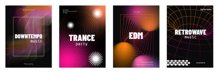 Vibrant music party posters set. Vector realistic illustration of banner templates for electro sound...