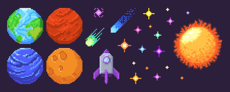 Pixel space game icons set isolated on background. Vector illustration of planets and rocket bit...