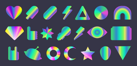 Y2k holographic sticker set with iridescent gradient shapes for retro designs - heart and arch,...