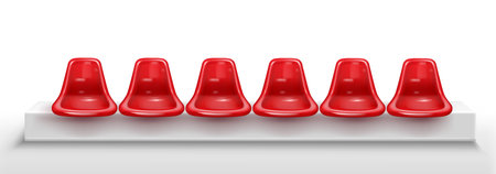 Stadium seat chair row with red plastic units on white platform for sports arena or outdoor venue. Glossy molded design with ergonomic shapes. Modern seating system for spectator facilities.のイラスト素材