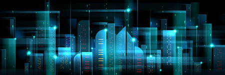 Futuristic tech metropolis with abstract AI city skyline and glowing blue towers for digital visualization. Server lights illuminate geometric buildings on dark background. Cyberpunk concept.のイラスト素材
