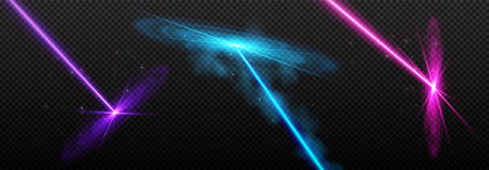 Neon laser beam effects on transparent background for digital design - purple, pink and blue glowing rays with sparkles. Bright light streaks and energy bursts for futuristic or sci-fi graphicsのイラスト素材