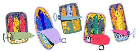 Sardine can retro set with colorful fish tins and pull tab packaging for vintage food illustration. Cartoon canned seafood designs. Pop art grocery items for nostalgic branding or menu graphicsのイラスト素材