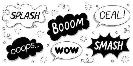 Black comic explosions with boom and pow, splash, smash and wow in speech bubbles. Bold typography with sparkles, motion lines and arrows for vintage superhero action or graphic novel panels.のイラスト素材