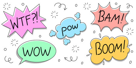 Colorful comic bubbles with boom and pow, wtf, bam and wow text in pastel colors bursts. Sound...