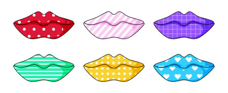 Color lips set with different patterns isolated on white background. Contemporary vector illustration of pop art 90s style woman mouth with dots, stripes, stars, hearts, y2k funky stickers designのイラスト素材