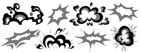 Black and white manga explosive effect clouds with dynamic burst patterns for action scenes. Comic...