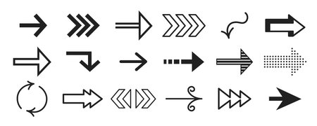 Directional narrow set with chevrons, curved pointers and geometric indicators in black style....