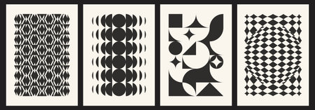 Bauhaus black cover designs with geometric patterns and abstract shapes for posters. Modernist...