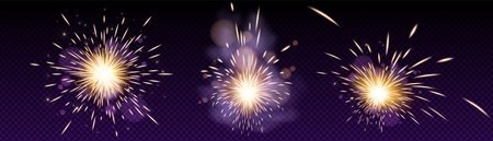 Golden spark weld flashes with bright rays and particles for industrial or celebration design. Glowing bursts with bokeh effects on transparent background. Metalworking graphics for manufacturing.のイラスト素材