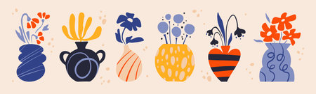 Doodle style vase set with flower arrangements for home decor and botanical illustrations. Colorful pottery containers with abstract blooms, striped patterns and hand drawn textures for greeting cardsのイラスト素材
