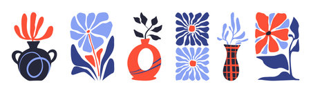 Doodle style vase with flower compositions for botanical art and home decor. Hand drawn pottery containers with abstract blooms, decorative patterns and organic shapes for greeting cards designs.のイラスト素材